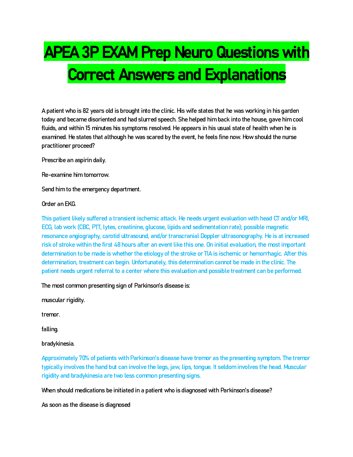 Preview image for APEA 3P EXAM Prep Neuro Questions with Correct Answers and Explanations